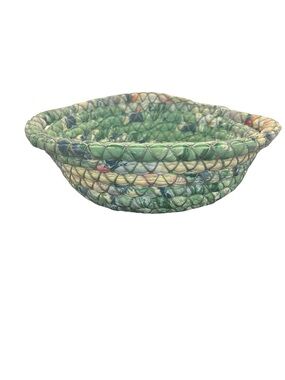 Vintage green braided rag rug basket with handles
